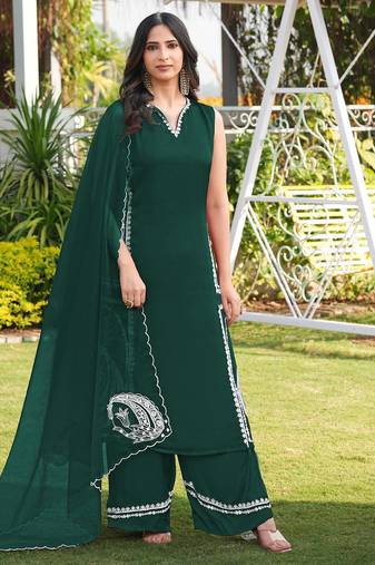 Dark-green hand embroidery modal satin stitched straight cut kurta culottes dupatta readymade suits