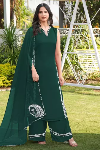 Dark-green hand embroidery modal satin stitched straight cut kurta culottes dupatta readymade suits