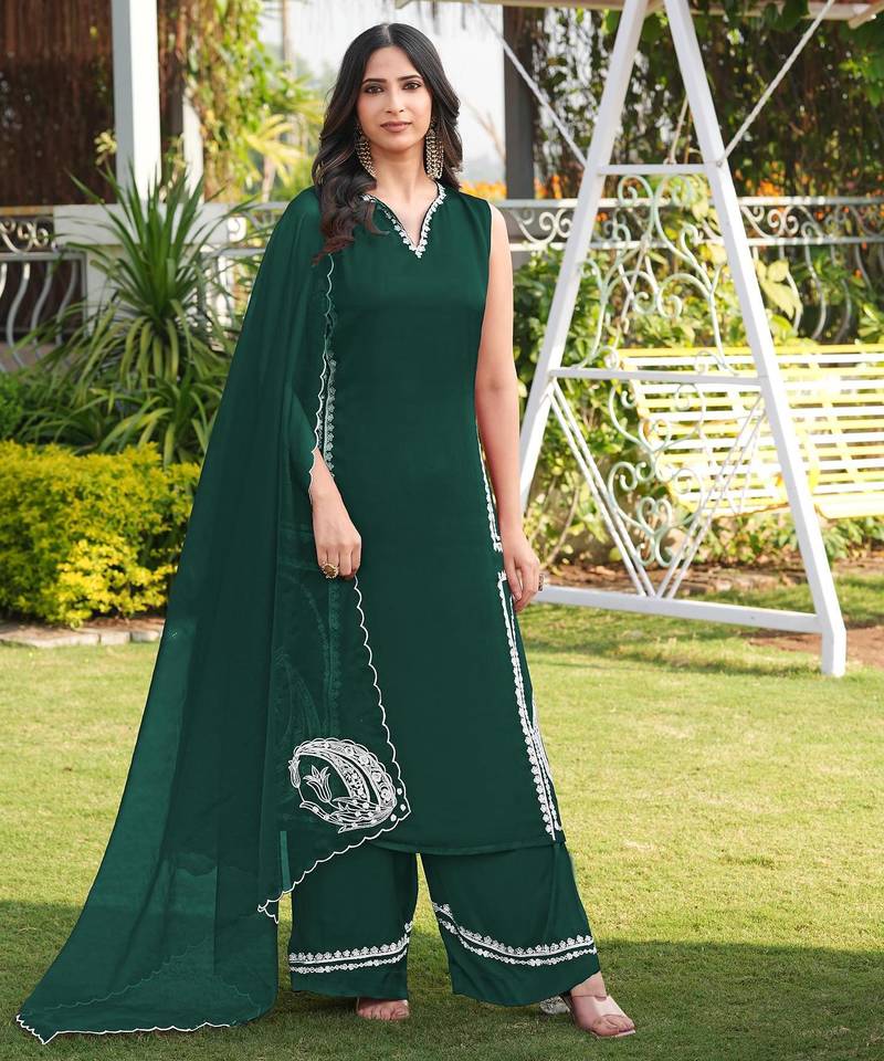 Dark-green hand embroidery modal satin stitched straight cut kurta culottes dupatta readymade suits