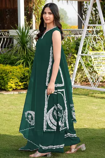Dark-green hand embroidery modal satin stitched straight cut kurta culottes dupatta readymade suits