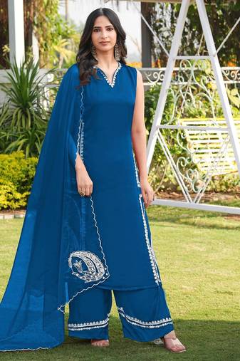 Royal-blue hand embroidery modal satin stitched straight cut kurta culottes dupatta readymade suits