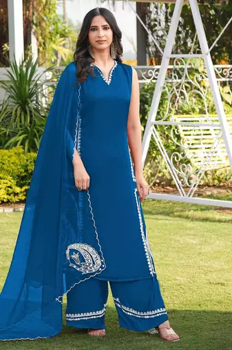 Royal-blue hand embroidery modal satin stitched straight cut kurta culottes dupatta readymade suits