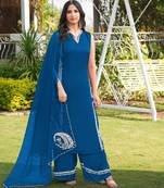 Royal-blue hand embroidery modal satin stitched straight cut kurta culottes dupatta readymade suits
