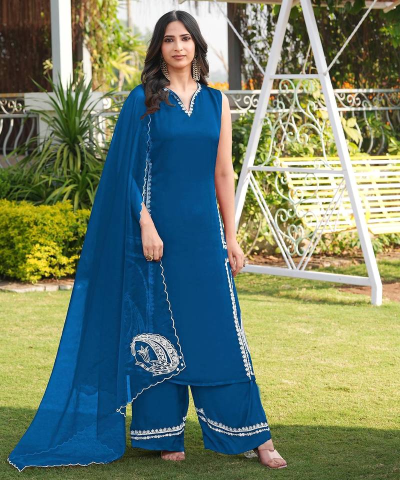 Royal-blue hand embroidery modal satin stitched straight cut kurta culottes dupatta readymade suits