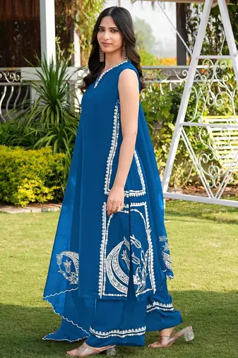 Royal-blue hand embroidery modal satin stitched straight cut kurta culottes dupatta readymade suits