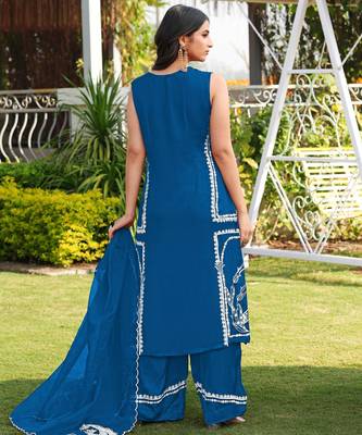 Royal-blue hand embroidery modal satin stitched straight cut kurta culottes dupatta readymade suits 3