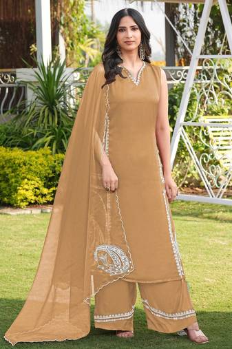 Light-brown hand embroidery modal satin stitched straight cut kurta culottes dupatta readymade suits