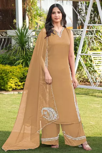 Light-brown hand embroidery modal satin stitched straight cut kurta culottes dupatta readymade suits
