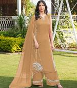 Light-brown hand embroidery modal satin stitched straight cut kurta culottes dupatta readymade suits