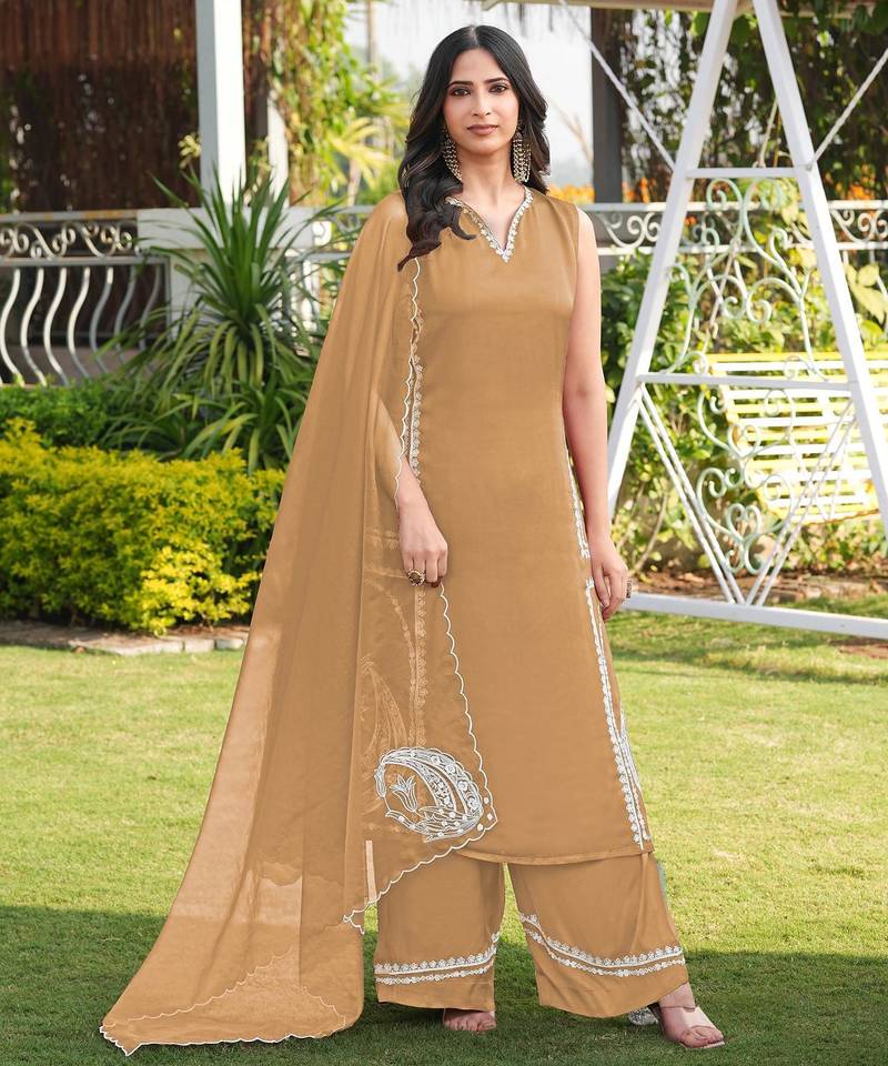 Light-brown hand embroidery modal satin stitched straight cut kurta culottes dupatta readymade suits