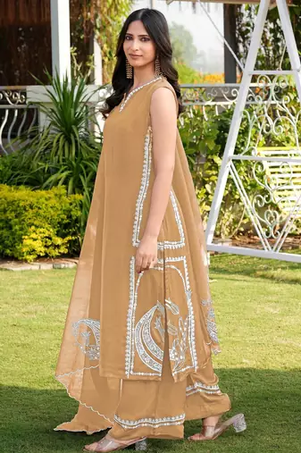 Light-brown hand embroidery modal satin stitched straight cut kurta culottes dupatta readymade suits