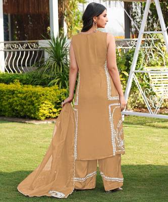 Light-brown hand embroidery modal satin stitched straight cut kurta culottes dupatta readymade suits 3