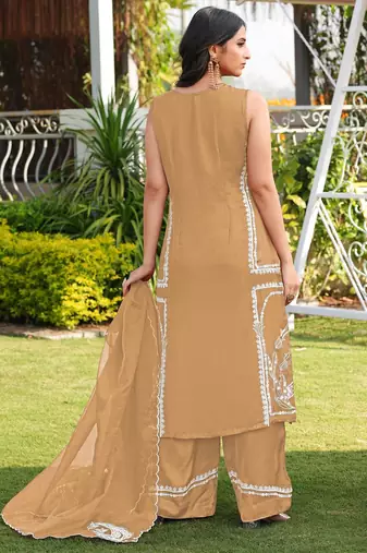 Light-brown hand embroidery modal satin stitched straight cut kurta culottes dupatta readymade suits