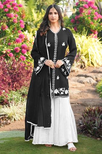Black hand embroidery modal satin stitched straight cut kurta kalidar palazzo dupatta readymade suits