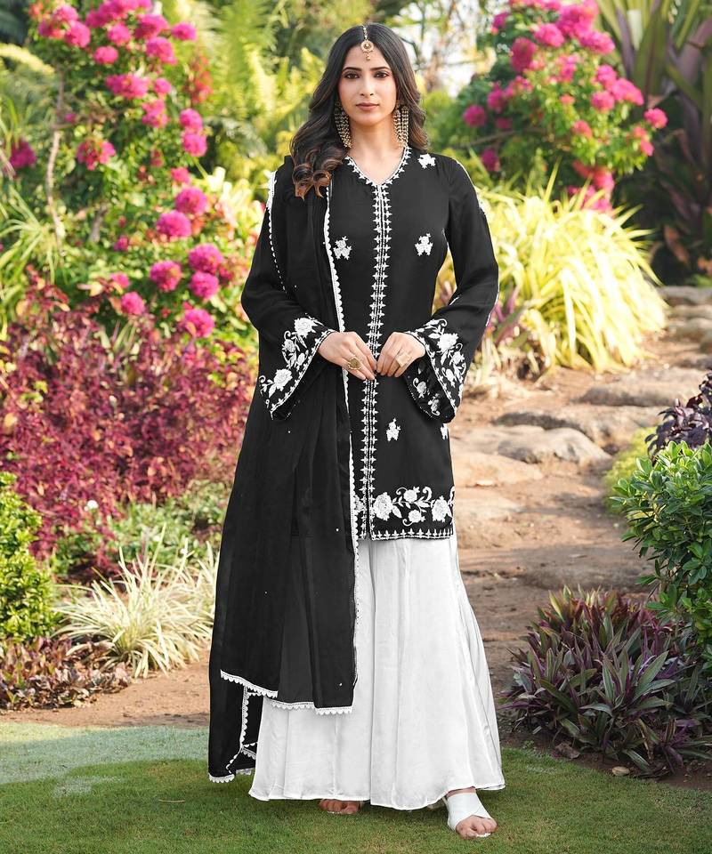 Black hand embroidery modal satin stitched straight cut kurta kalidar palazzo dupatta readymade suits
