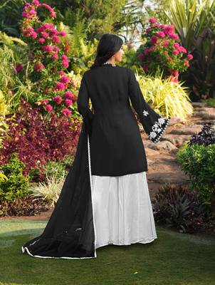 Black hand embroidery modal satin stitched straight cut kurta kalidar palazzo dupatta readymade suits 2