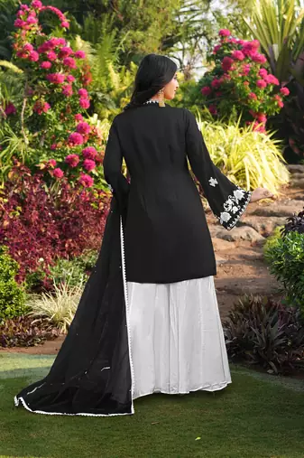 Black hand embroidery modal satin stitched straight cut kurta kalidar palazzo dupatta readymade suits