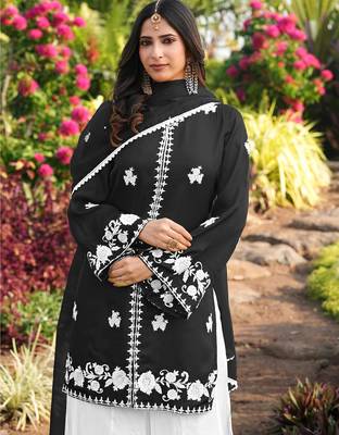 Black hand embroidery modal satin stitched straight cut kurta kalidar palazzo dupatta readymade suits 3
