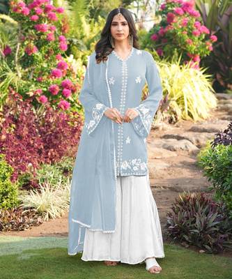 Light-blue hand embroidery modal satin stitched straight cut kurta kalidar palazzo dupatta readymade suits 1
