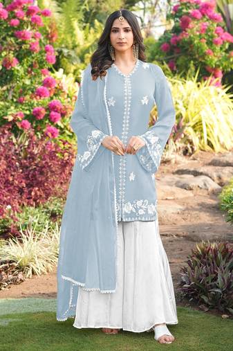 Light-blue hand embroidery modal satin stitched straight cut kurta kalidar palazzo dupatta readymade suits