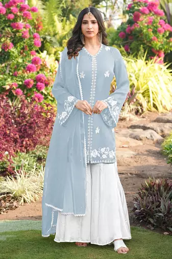 Light-blue hand embroidery modal satin stitched straight cut kurta kalidar palazzo dupatta readymade suits