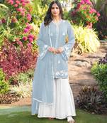 Light-blue hand embroidery modal satin stitched straight cut kurta kalidar palazzo dupatta readymade suits