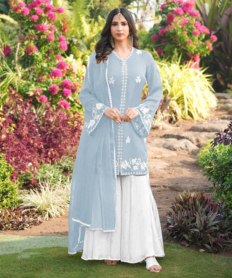 Light-blue hand embroidery modal satin stitched straight cut kurta kalidar palazzo dupatta readymade suits