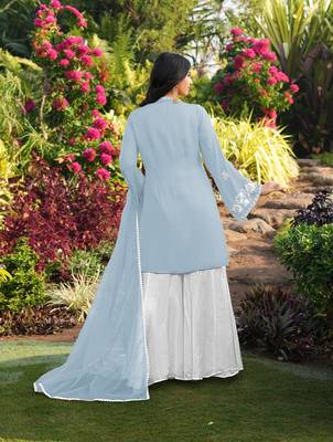 Light-blue hand embroidery modal satin stitched straight cut kurta kalidar palazzo dupatta readymade suits 2