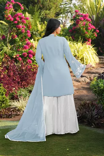 Light-blue hand embroidery modal satin stitched straight cut kurta kalidar palazzo dupatta readymade suits