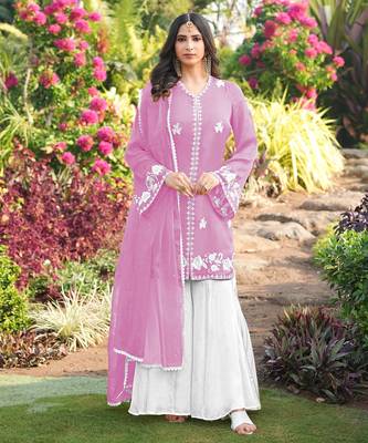 Light-pink hand embroidery modal satin stitched straight cut kurta kalidar palazzo dupatta readymade suits 1