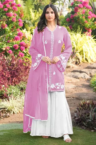 Light-pink hand embroidery modal satin stitched straight cut kurta kalidar palazzo dupatta readymade suits
