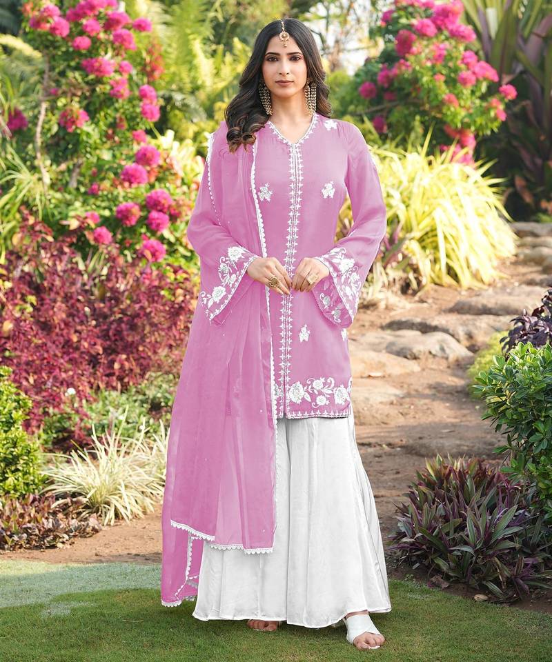 Light-pink hand embroidery modal satin stitched straight cut kurta kalidar palazzo dupatta readymade suits