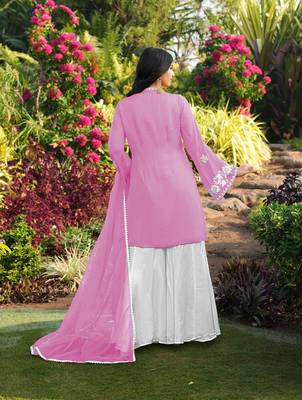 Light-pink hand embroidery modal satin stitched straight cut kurta kalidar palazzo dupatta readymade suits 2