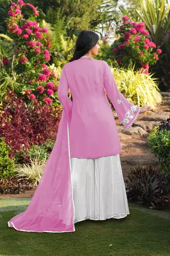 Light-pink hand embroidery modal satin stitched straight cut kurta kalidar palazzo dupatta readymade suits