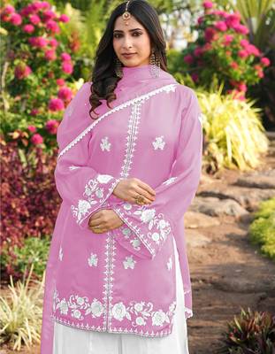 Light-pink hand embroidery modal satin stitched straight cut kurta kalidar palazzo dupatta readymade suits 3