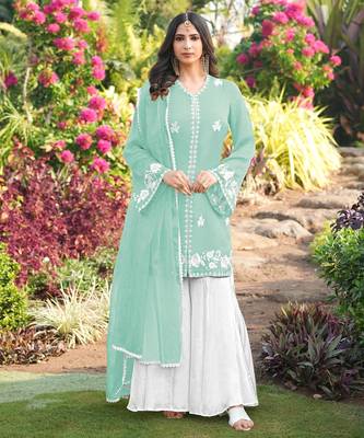 Light-green hand embroidery modal satin stitched straight cut kurta kalidar palazzo dupatta readymade suits 1