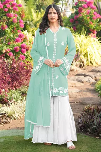 Light-green hand embroidery modal satin stitched straight cut kurta kalidar palazzo dupatta readymade suits