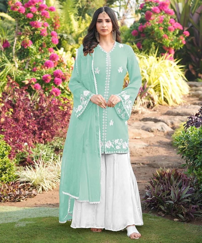 Light-green hand embroidery modal satin stitched straight cut kurta kalidar palazzo dupatta readymade suits