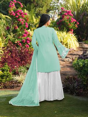 Light-green hand embroidery modal satin stitched straight cut kurta kalidar palazzo dupatta readymade suits 2