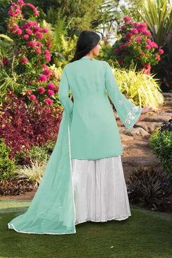 Light-green hand embroidery modal satin stitched straight cut kurta kalidar palazzo dupatta readymade suits