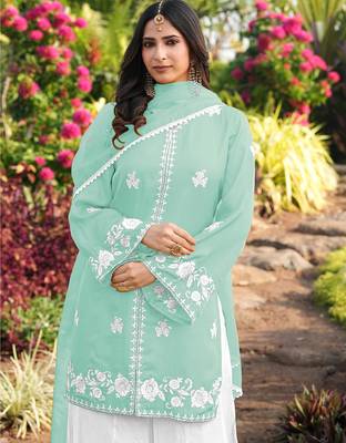 Light-green hand embroidery modal satin stitched straight cut kurta kalidar palazzo dupatta readymade suits 3