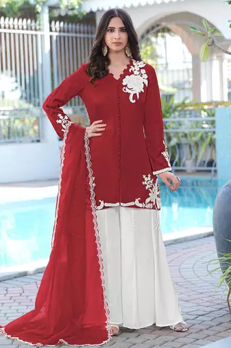 Maroon hand embroidery modal satin stitched straight cut kurta kalidar palazzo dupatta readymade suits