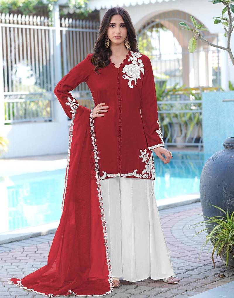 Maroon hand embroidery modal satin stitched straight cut kurta kalidar palazzo dupatta readymade suits