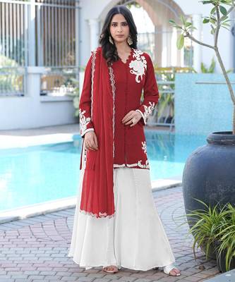 Maroon hand embroidery modal satin stitched straight cut kurta kalidar palazzo dupatta readymade suits 2