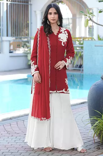 Maroon hand embroidery modal satin stitched straight cut kurta kalidar palazzo dupatta readymade suits