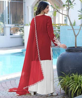 Maroon hand embroidery modal satin stitched straight cut kurta kalidar palazzo dupatta readymade suits 3