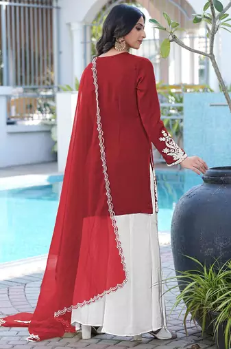 Maroon hand embroidery modal satin stitched straight cut kurta kalidar palazzo dupatta readymade suits