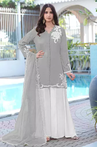 Grey hand embroidery modal satin stitched straight cut kurta kalidar palazzo dupatta readymade suits