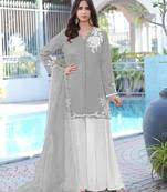 Grey hand embroidery modal satin stitched straight cut kurta kalidar palazzo dupatta readymade suits