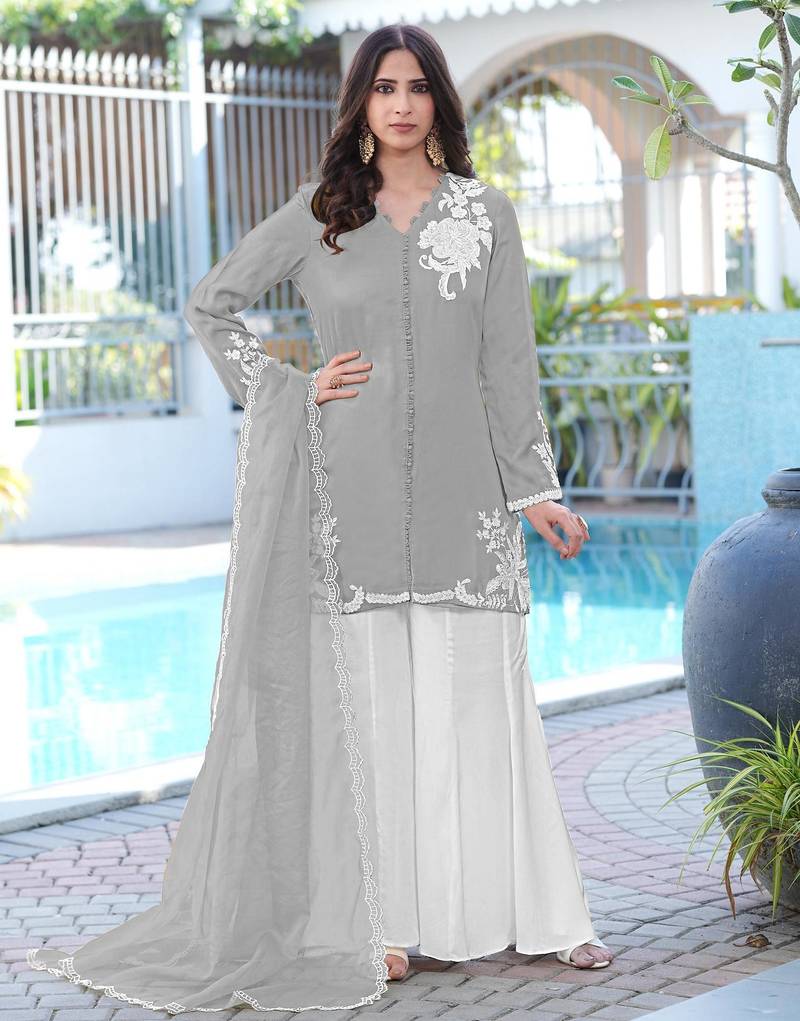 Grey hand embroidery modal satin stitched straight cut kurta kalidar palazzo dupatta readymade suits